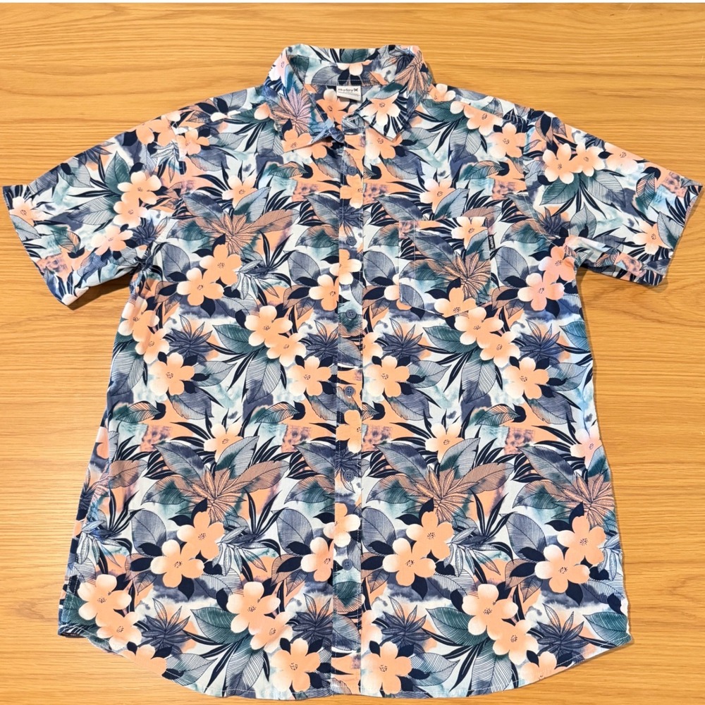 Hurley Mens Short Sleeve Tropical Floral Button Up Shirt Blue Orange Large